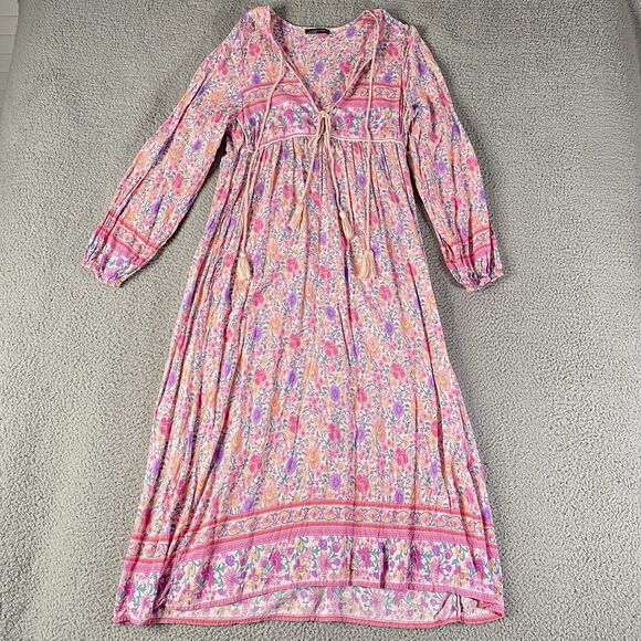 Lance Cade Maxi Dress Womens Large Pink Floral Long Tassel Boho Prairie Cottage - Picture 1 of 11